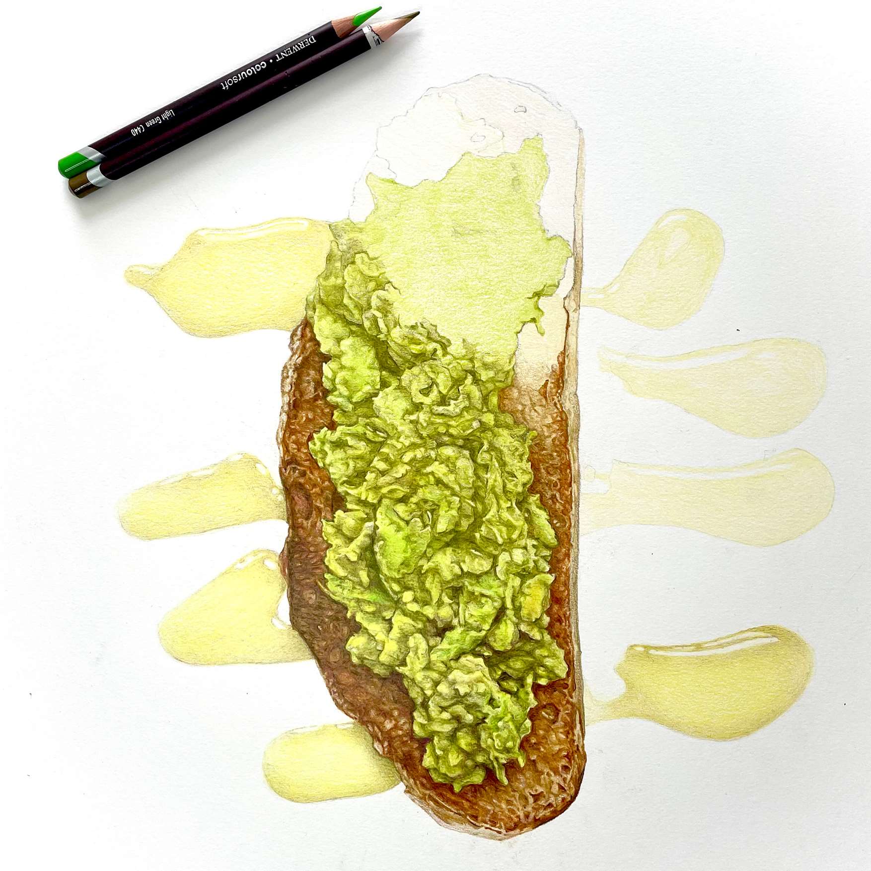 Pencil on Paper, Work in progress image of an illustration being crafted representing avocado on toast.
